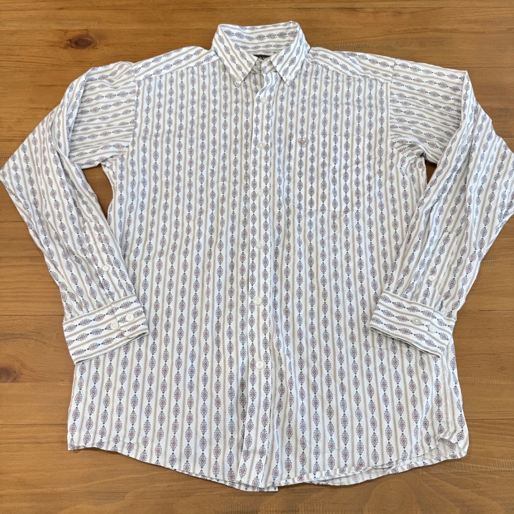 Ariat Mens William LS Shirt Geometric Diamond Stripe White Red 10058763 Small